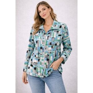 Erin London Women's XL Geometric Print Zipper Jacket Blue‎ Green White